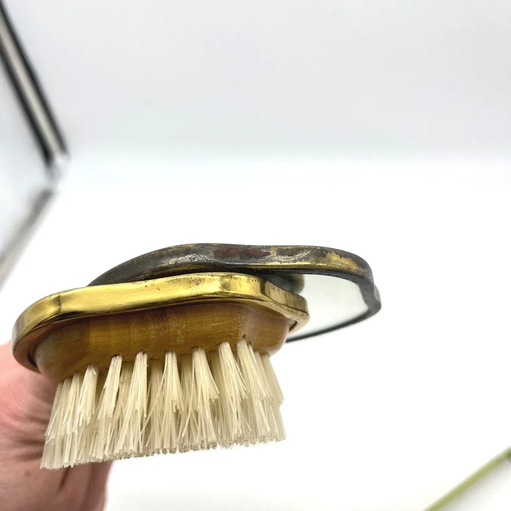 Vintage England Gold Tone Floral Brocade Hand Mirror and Brush Vanity Set‎